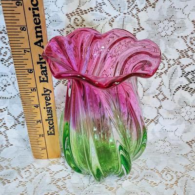 Pink and green glass vase.