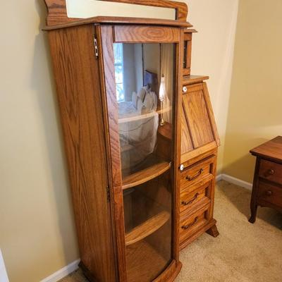 Vintage Oak Chifferobe with Mirror and Stained Glass