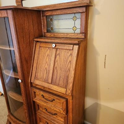 Vintage Oak Chifferobe with Mirror and Stained Glass