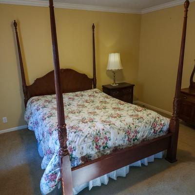 Full Size Mahogany Four Poster Bed with Mattress and Springs