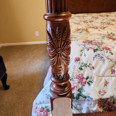 Full Size Mahogany Four Poster Bed with Mattress and Springs