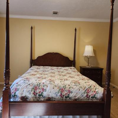 Full Size Mahogany Four Poster Bed with Mattress and Springs