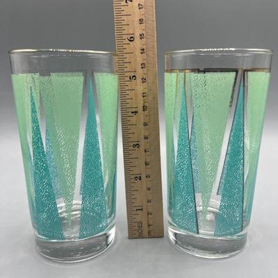 Pair of Vintage Mid Century Libbey Glassware Barware Colorful Green Triangle Pattern