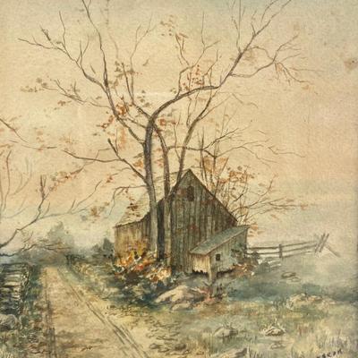 Vintage Farmhouse Next to Field Framed Artist Signed Painting