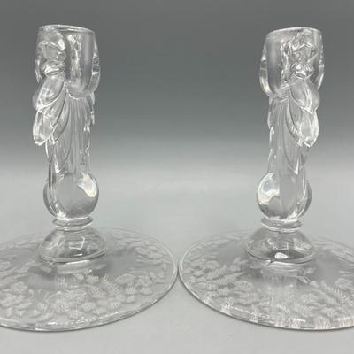 Pair of Vintage New Martinsville #4453 Teardrop Elegant Glass Art Deco Candle Holders