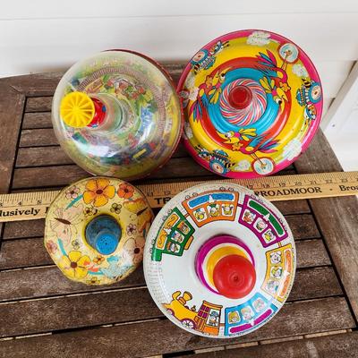 Four Vintage Spinning Top Toys