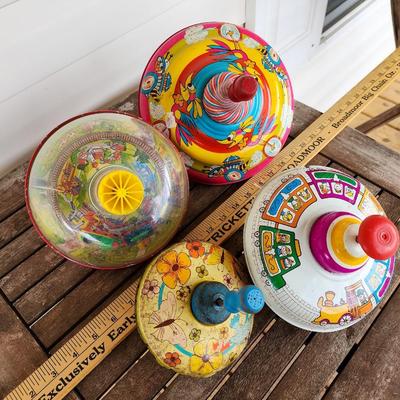 Four Vintage Spinning Top Toys