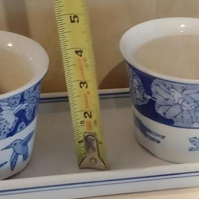 Blue and White Pottery Frog and Hummingbird Planter Pots with Tray