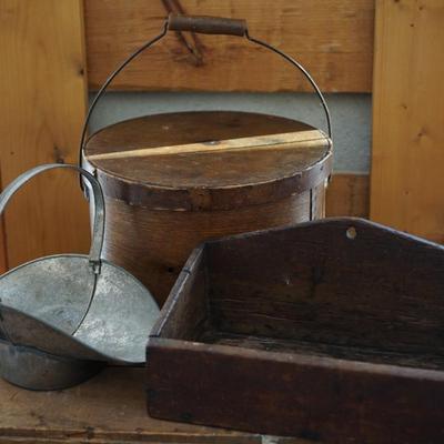 ANTIQUE BAIL HANDLED PANTRY BOX /PRIMITIVE HANGING CANDLE HOLDER/ TIN HANDLED BASKET