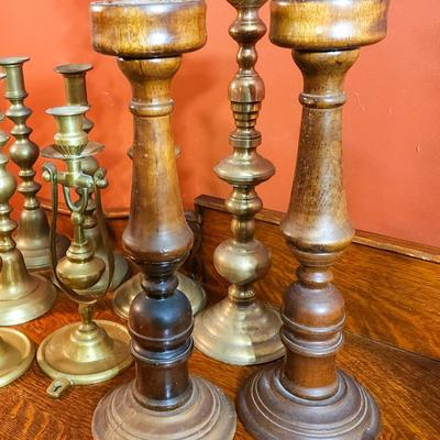 Group of Vintage Brass and Wood Candlesticks