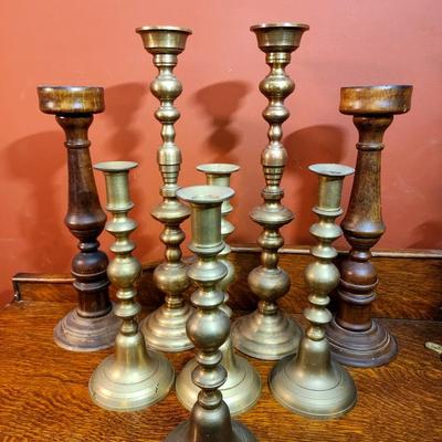 Group of Vintage Brass and Wood Candlesticks