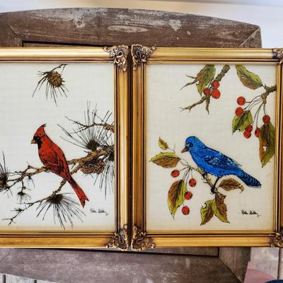 Pair of Vintage Bird Paintings on Glass - Signed