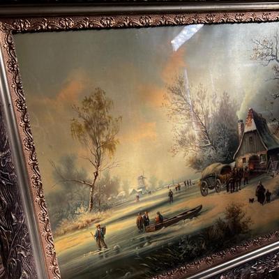 Antique Dutch Farm Scene Framed under Glass (Water Color or Print?) Antique Frame! 