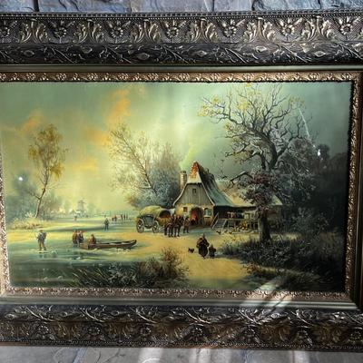 Antique Dutch Farm Scene Framed under Glass (Water Color or Print?) Antique Frame! 