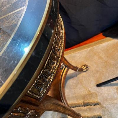 Griffin Foot, Marble Top, Brass Inlay Round Entry Table 