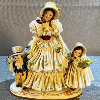 Victorian Porcelain Woman in Lace Dress with Children 