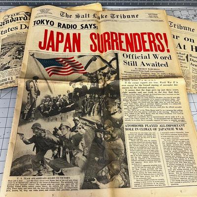 3 papers, December 7th and 8th 1941 and August 14, 1945 Japan Surrenders