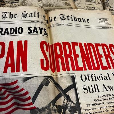 3 papers, December 7th and 8th 1941 and August 14, 1945 Japan Surrenders