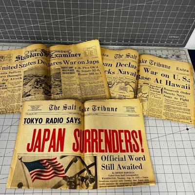 3 papers, December 7th and 8th 1941 and August 14, 1945 Japan Surrenders