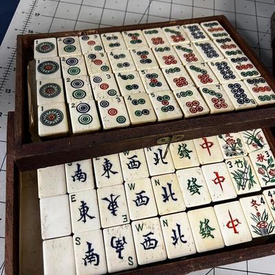 Antique MAH JONG Game Set in Teak Box with Brass 
