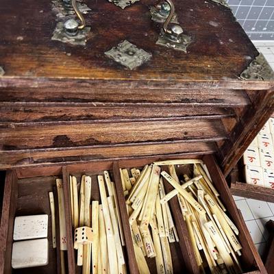 Antique MAH JONG Game Set in Teak Box with Brass 