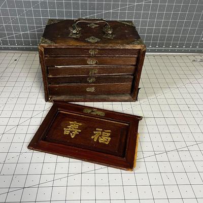 Antique MAH JONG Game Set in Teak Box with Brass 