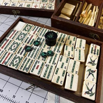Antique MAH JONG Game Set in Teak Box with Brass 