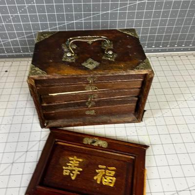 Antique MAH JONG Game Set in Teak Box with Brass 