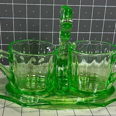 Green Depression Or Uranium Glass Cream and Sugar with Stand