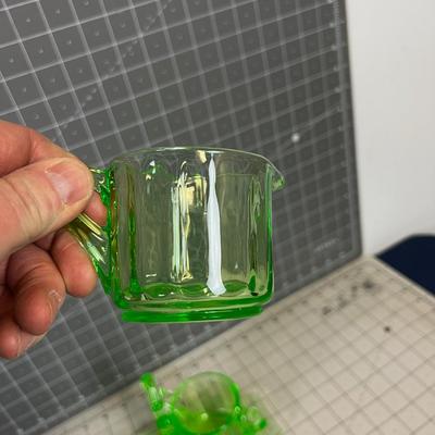Green Depression Or Uranium Glass Cream and Sugar with Stand