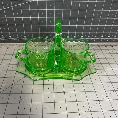 Green Depression Or Uranium Glass Cream and Sugar with Stand