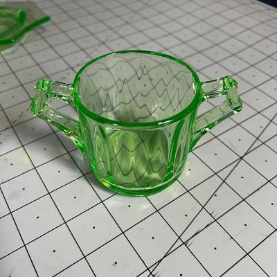 Green Depression Or Uranium Glass Cream and Sugar with Stand