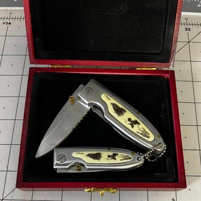 Scrimshaw Handled Knives in a presentation Case