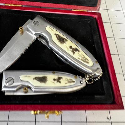 Scrimshaw Handled Knives in a presentation Case