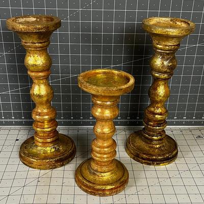 3 Gold Candle Sticks, New Turned Wood