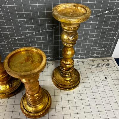 3 Gold Candle Sticks, New Turned Wood