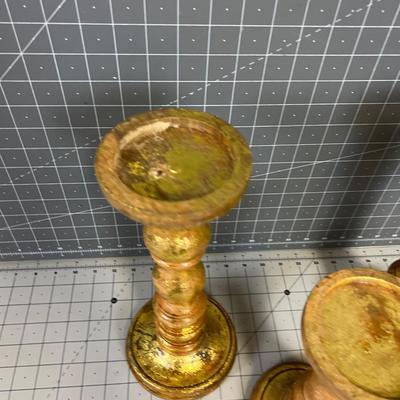 3 Gold Candle Sticks, New Turned Wood