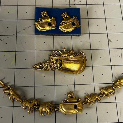  Noah's Arc Jewelry Set; Pin, Bracelets and Pierced Earrings signed AJC