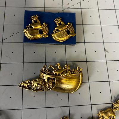  Noah's Arc Jewelry Set; Pin, Bracelets and Pierced Earrings signed AJC