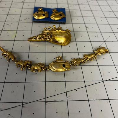  Noah's Arc Jewelry Set; Pin, Bracelets and Pierced Earrings signed AJC