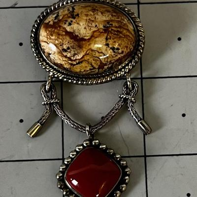 Pendant Pin; Sterling Silver with Agate and Carnelian Stone