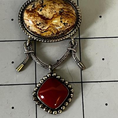 Pendant Pin; Sterling Silver with Agate and Carnelian Stone