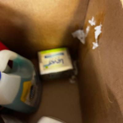 Box full of Cleaning Products; Resolve, 409, Hand Soap etc. 