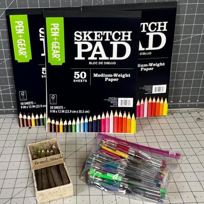 Sketch Pads, Twig Pencils, and Colored Pens 