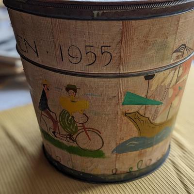 Charming Painted Constance Fuller Threinen Wooden Bucket with Lid
