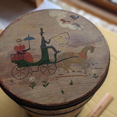 Charming Painted Constance Fuller Threinen Wooden Bucket with Lid
