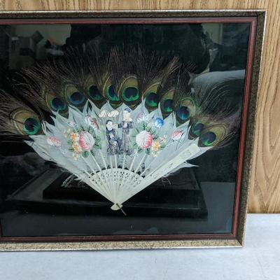 Framed Antique Art and Hand Painted Peacock Fan