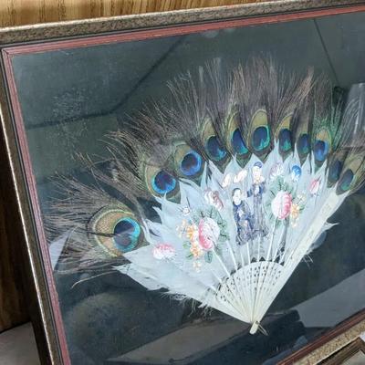 Framed Antique Art and Hand Painted Peacock Fan