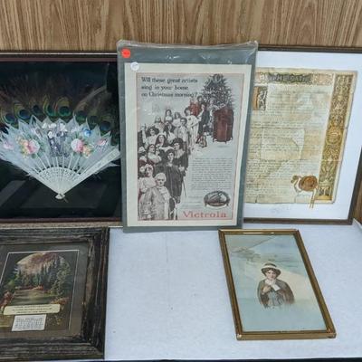 Framed Antique Art and Hand Painted Peacock Fan