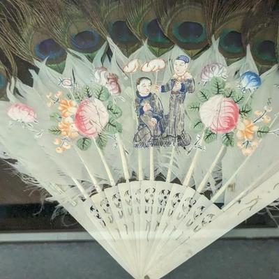Framed Antique Art and Hand Painted Peacock Fan